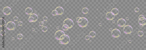 Vector realistic soap bubbles png. Flying soap bubbles on transparent background.