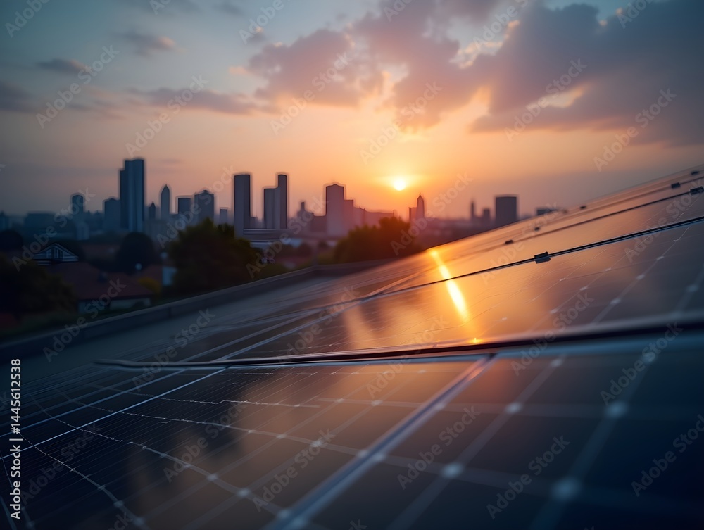 Obraz premium Sustainable and renewable business. Urban skyline at dusk with solar panels in the foreground, showcasing modern energy solutions.