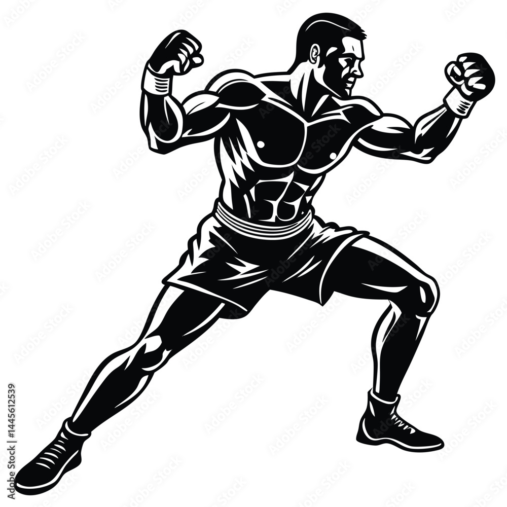 Powerful Boxer in Fighting Stance Vector Illustration