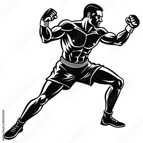 Powerful Boxer in Fighting Stance Vector Illustration