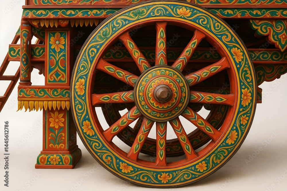 A brightly painted wooden wheel, decorated with intricate floral designs, likely from a traditional cart or vehicle. Concept Traditional Craftsmanship, Vibrant Colors, Floral Patterns
