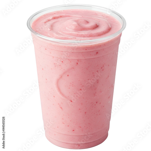 Close-up of Pink Strawberry Shake in Clear Cup on White
