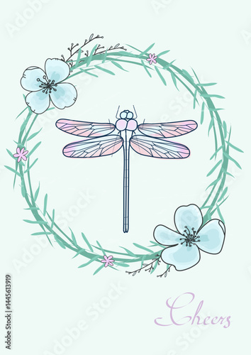 vector illustration of dragonfly and leaves, flowers. Poster
