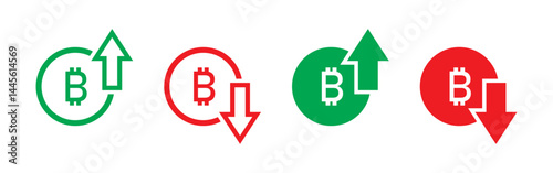 Bitcoin price increasing and decreasing icon set in green and red. Cryptocurrency rising and falling symbol set. Bitcoin with up and down arrow with outline and fill isolated on white background