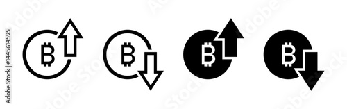 Bitcoin price increasing and decreasing icon set in black. Cryptocurrency rising and falling symbol set. Bitcoin with up and down arrow with outline and fill isolated on white background