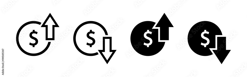 Dollar price increasing and decreasing icon set in black and white. Currency rising and falling symbol set. Dollar coin with up and down arrow with outline and fill isolated on white background Dollar price increasing and decreasing icon set in black and white. Currency rising and falling symbol set. Dollar coin with up and down arrow with outline and fill isolated on white background