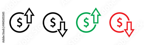 Dollar price increasing and decreasing icon set in black, green and red. Currency rising and falling symbol set. Dollar coin with up and down arrow with outline isolated on white background.