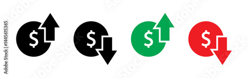 Dollar price increasing and decreasing icon set in black, white, green and red. Currency rising and falling symbol set. Dollar coin with up and down arrow isolated on white background