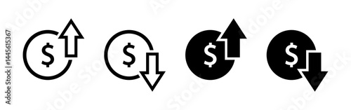 Dollar price increasing and decreasing icon set in black and white. Currency rising and falling symbol set. Dollar coin with up and down arrow with outline and fill isolated on white background