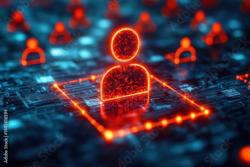 Digital representation of a person in glowing red outline on a circuit board background, symbolizing technology, identity, and connectivity in the digital world.