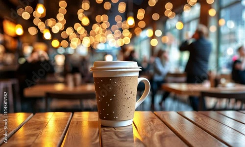 A trendy cafe interior with blurred background elements including hanging lights tables and people chatting made with Generative AI technology