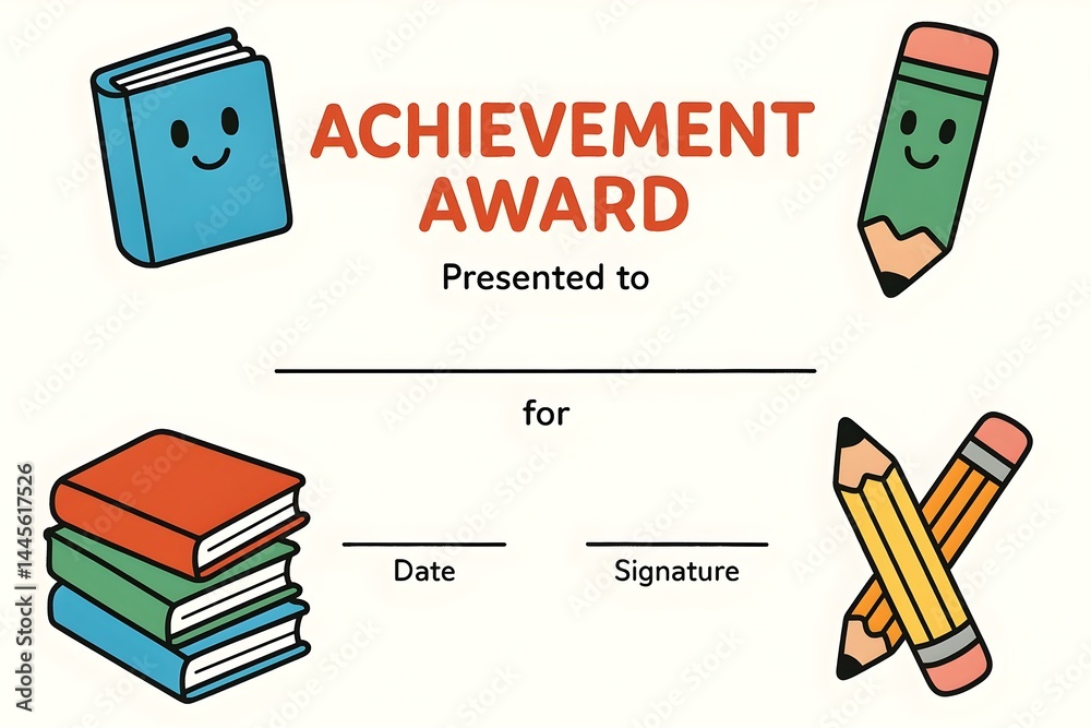 A colorful achievement award certificate featuring books and pencils, with spaces for a name, date, and signature. Concept Achievement Award Design, Colorful Certificate, Educational Themes