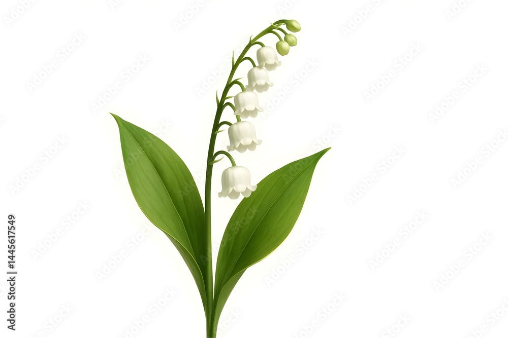 A delicate white flower with bell-shaped blooms, known as lily of the valley, on a green stem with large leaves. Concept Lily of the Valley Description, Bell-Shaped Blooms, Delicate White Flowers