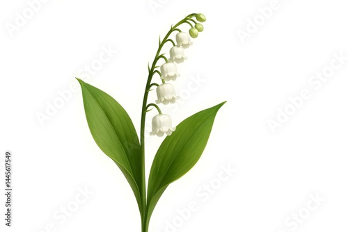 Obraz na płótnie A delicate white flower with bell-shaped blooms, known as lily of the valley, on a green stem with large leaves. Concept Lily of the Valley Description, Bell-Shaped Blooms, Delicate White Flowers w salonie