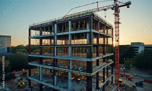 A wide-angle shot showing the early stages of a large building being assembled made with Generative AI technology
