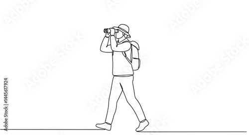 Hiker observing nature through binoculars on a plain background  