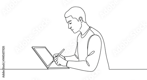 Man focused on digital drawing with tablet and stylus  