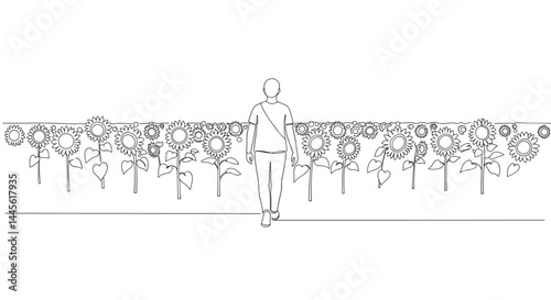 Walking Among Sunflowers in Minimalist Line Art Design  