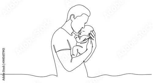 Father lovingly embracing baby in minimalistic line art  