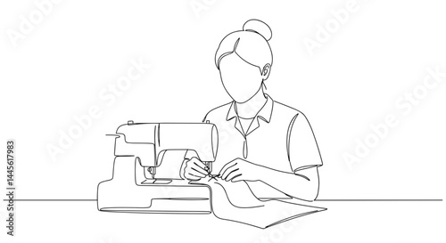Seamstress sewing fabric at a sewing machine in a minimalist style  