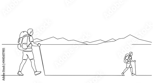 Two hikers exploring mountains in a minimalist style  