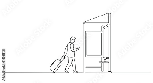 Business traveler entering door with suitcase and phone  
