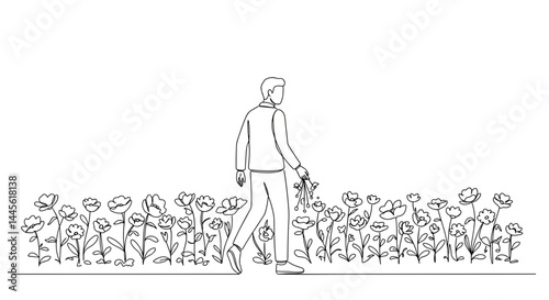 Man tending flowers in a garden with a minimalist style   
