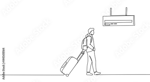 Minimalist illustration of a traveler walking with luggage  