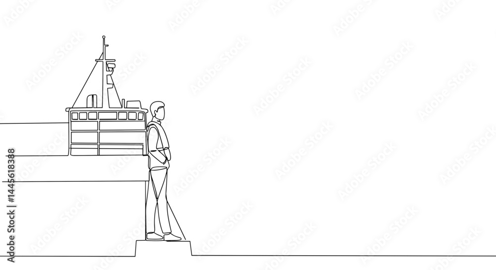 Person standing on dock looking at boat in minimalist outline  