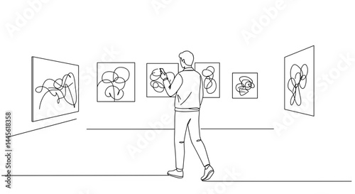 Art enthusiast admiring abstract paintings in a gallery  