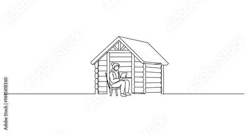 Person sketching outside a wooden cabin in a minimalist style  