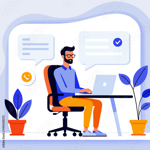 Remote Work Illustration_Man Working on Laptop with Chat Bubbles_Digital Nomad Lifestyle_Productivity and Communication Tools_Online Business Success