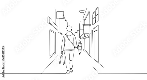 Outline of a person walking in a narrow street with shops  