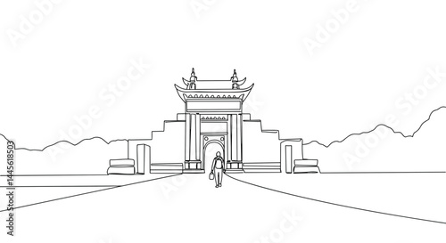 Minimalist outline of a traditional archway against mountains  