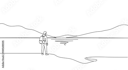 Minimalist line art of a person contemplating a serene lake  