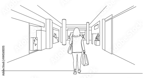 Woman Walking Alone in a Shopping Mall Hallway  