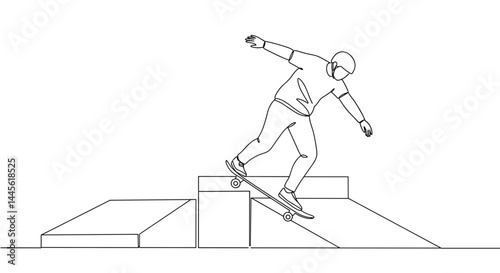 Skateboarder performing a trick on a ramp in a minimalist style  