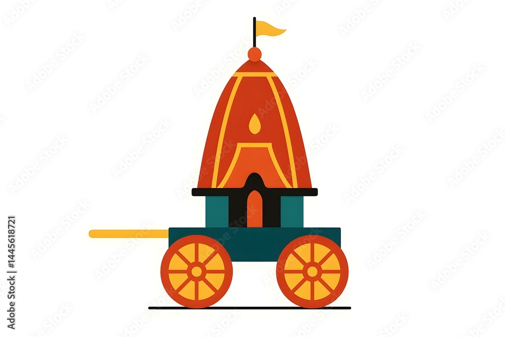 A colorful, stylized cart or chariot with a dome and flag, featuring large wheels and a decorative design. Concept Colorful Chariot Design, Decorative Elements, Dome and Flag Features, Large Wheels