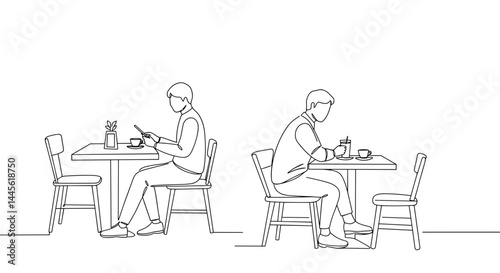 Two people enjoying coffee and reading in a minimalist café  