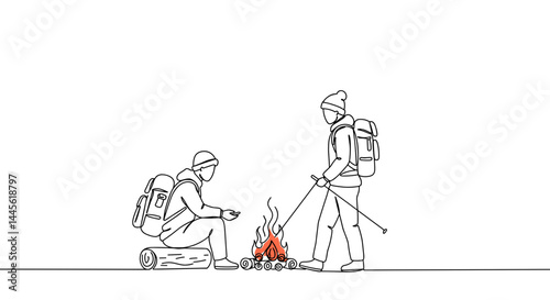 Two hikers enjoying a campfire in a minimalist style  