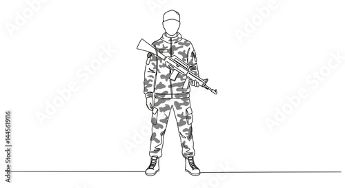 Soldier standing confidently with firearm in a minimalist style  