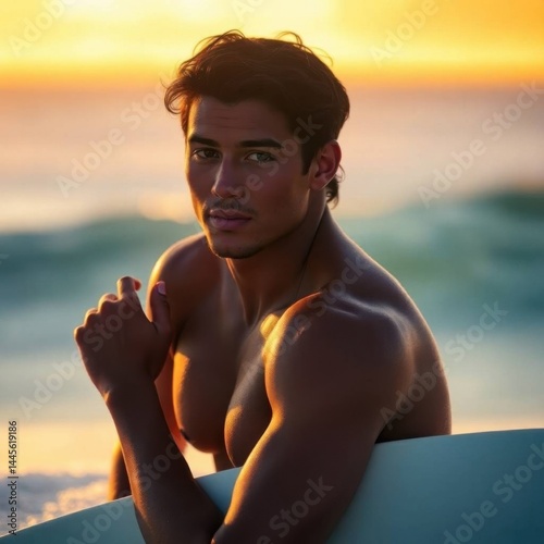 Sunset Surfer: Muscular Man with Surfboard, Golden Hour Portrait