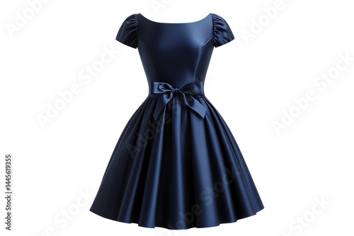 Elegant navy blue satin dress short sleeves bow detail A line silhouette perfect for special