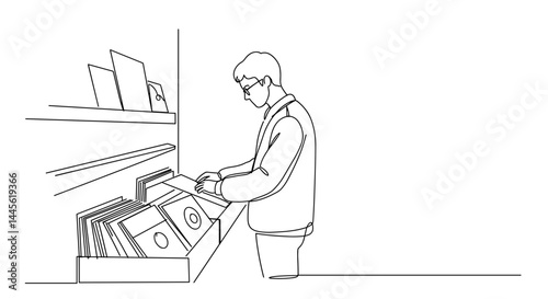 Man browsing vinyl records in a minimalist store setting  
