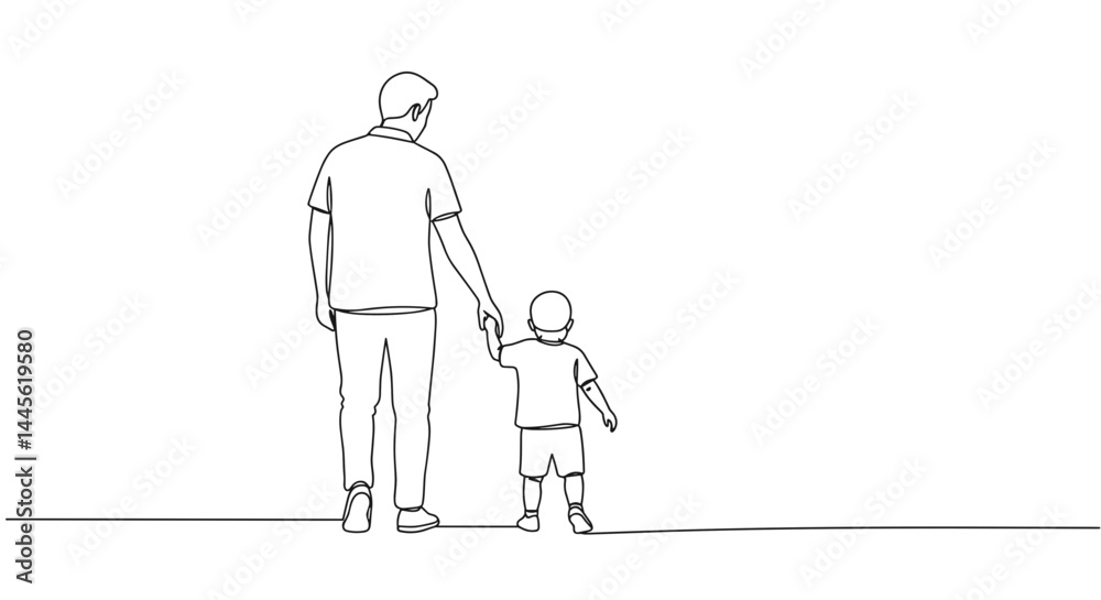 Obraz premium Father and child walking hand in hand against a minimalistic background 