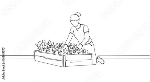 Person planting flowers in a garden box in a minimalist style  
