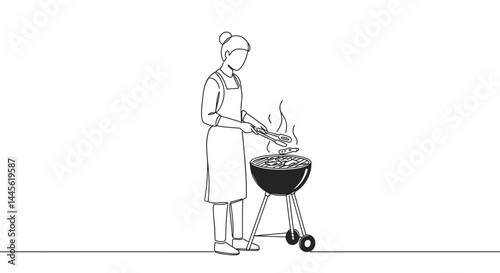 Woman grilling food on barbecue against a minimalist background  