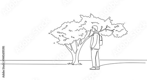 Person standing thoughtfully beside a tree in a minimalist setting  