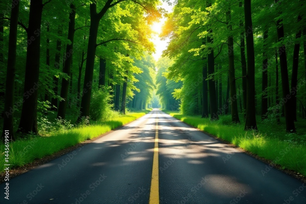 Fototapeta premium Sunlit Asphalted Road Through Lush Green Forest Canopy