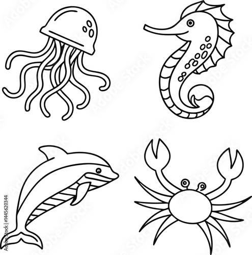 Cartoon sea animals vector illustration set features cute ocean wildlife like fish and dolphin in a marine design